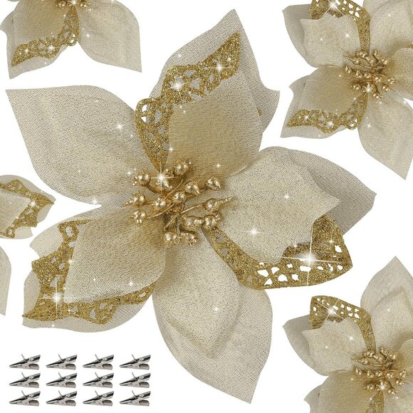 12 PCS Poinsettia Flower‎ Artificial Poinsettia Christmas Decoration 5.9'' Gold - Picture 1 of 7